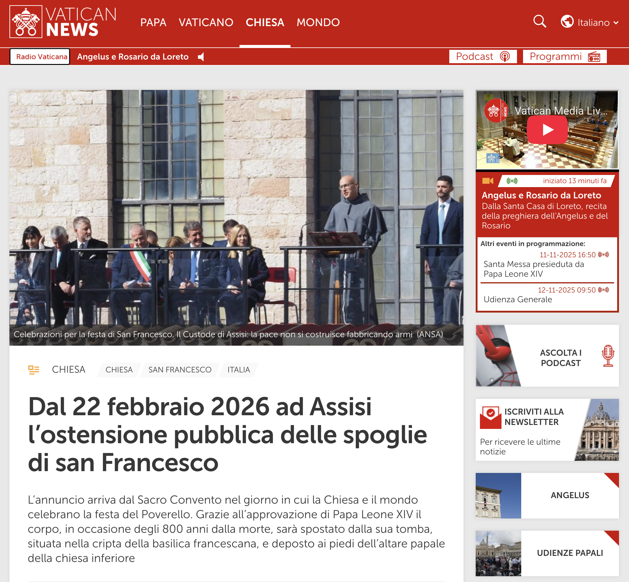 VATICAN NEWS – Dal 22 febbraio 2026 ad Assisi l’ostensione pubblica delle spoglie di san Francesco