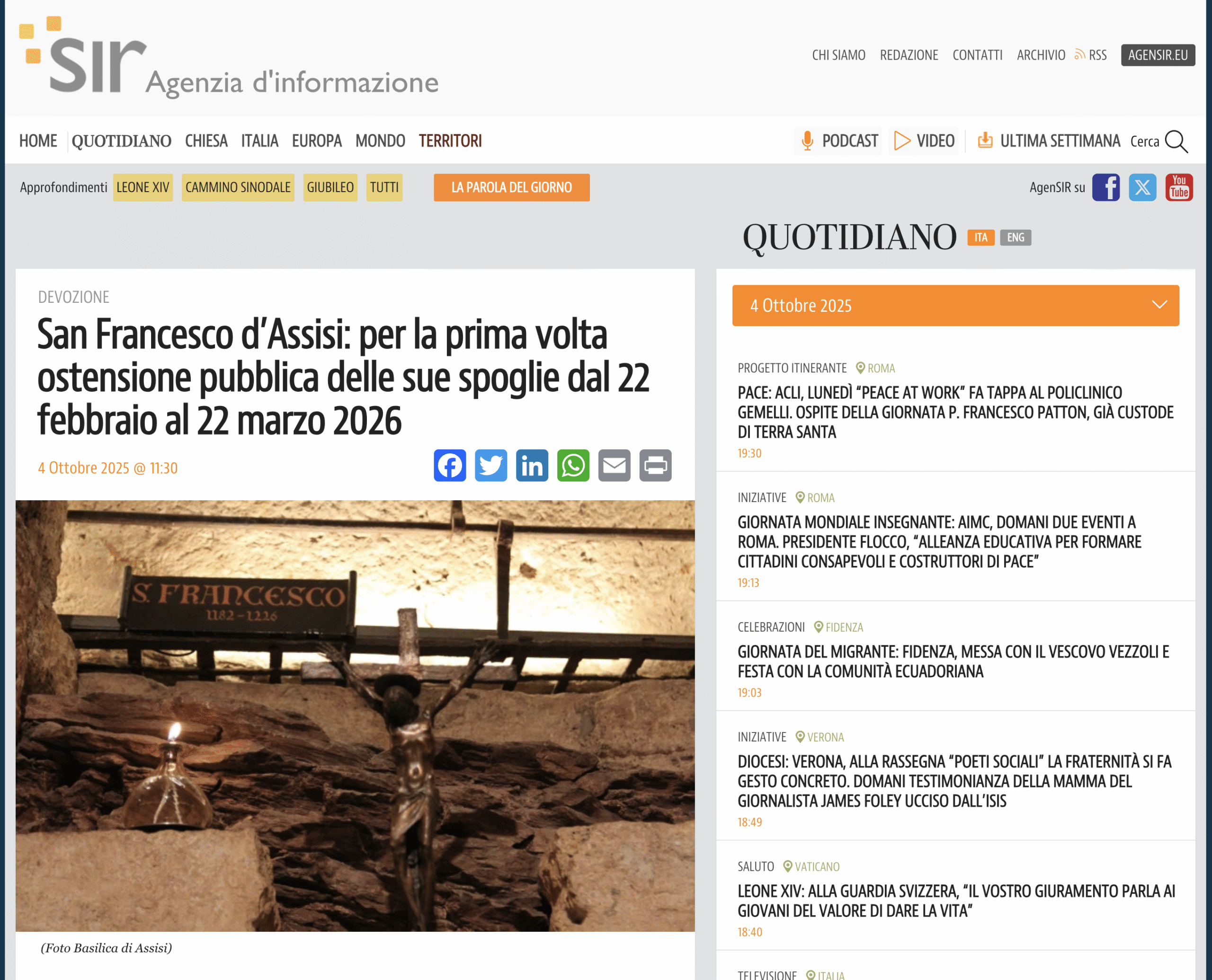 AGENSIR – San Francesco d’Assisi: per la prima volta ostensione pubblica delle sue spoglie dal 22 febbraio al 22 marzo 2026