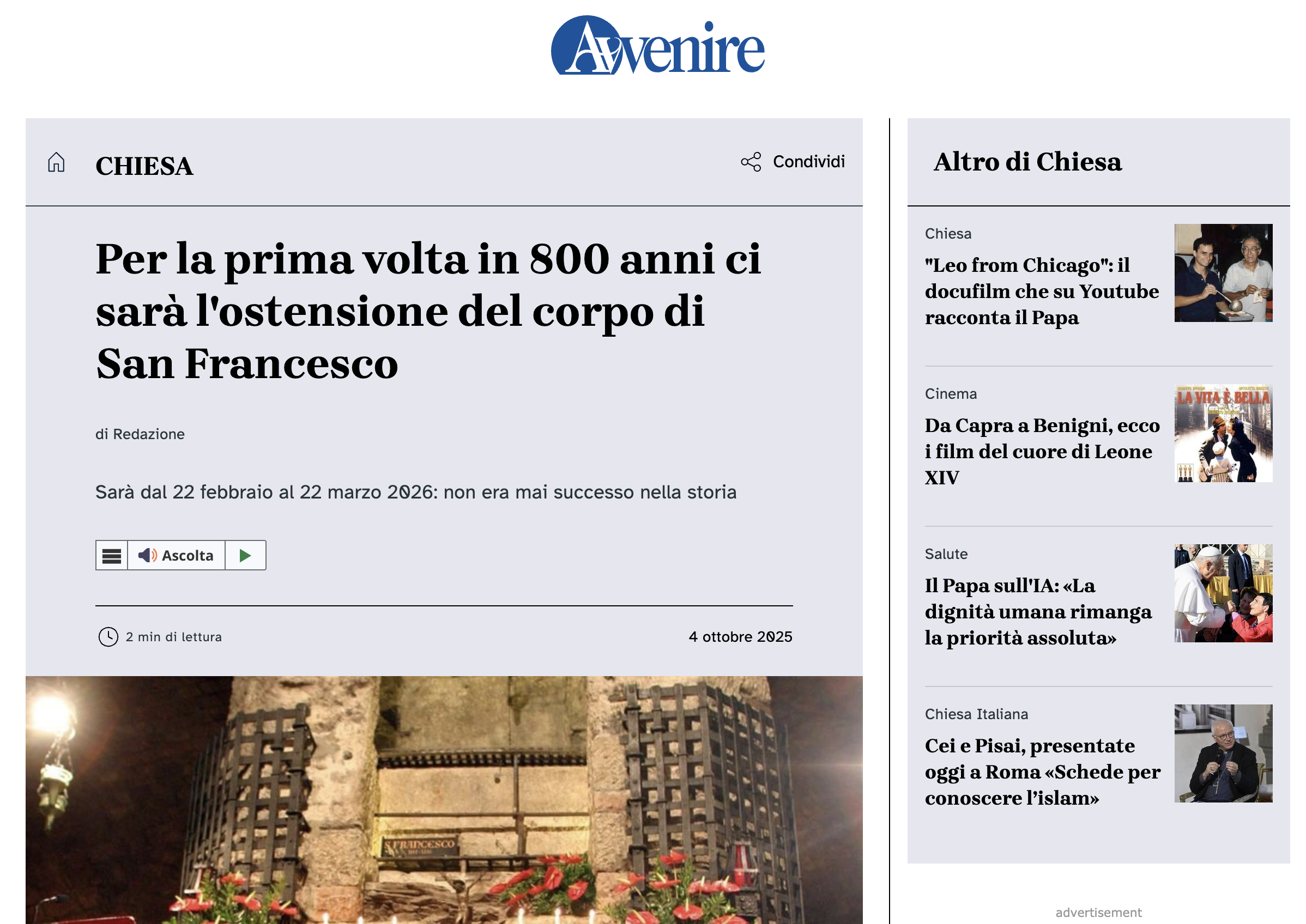 AVVENIRE – Per la prima volta in 800 anni ci sarà l’ostensione del corpo di San Francesco