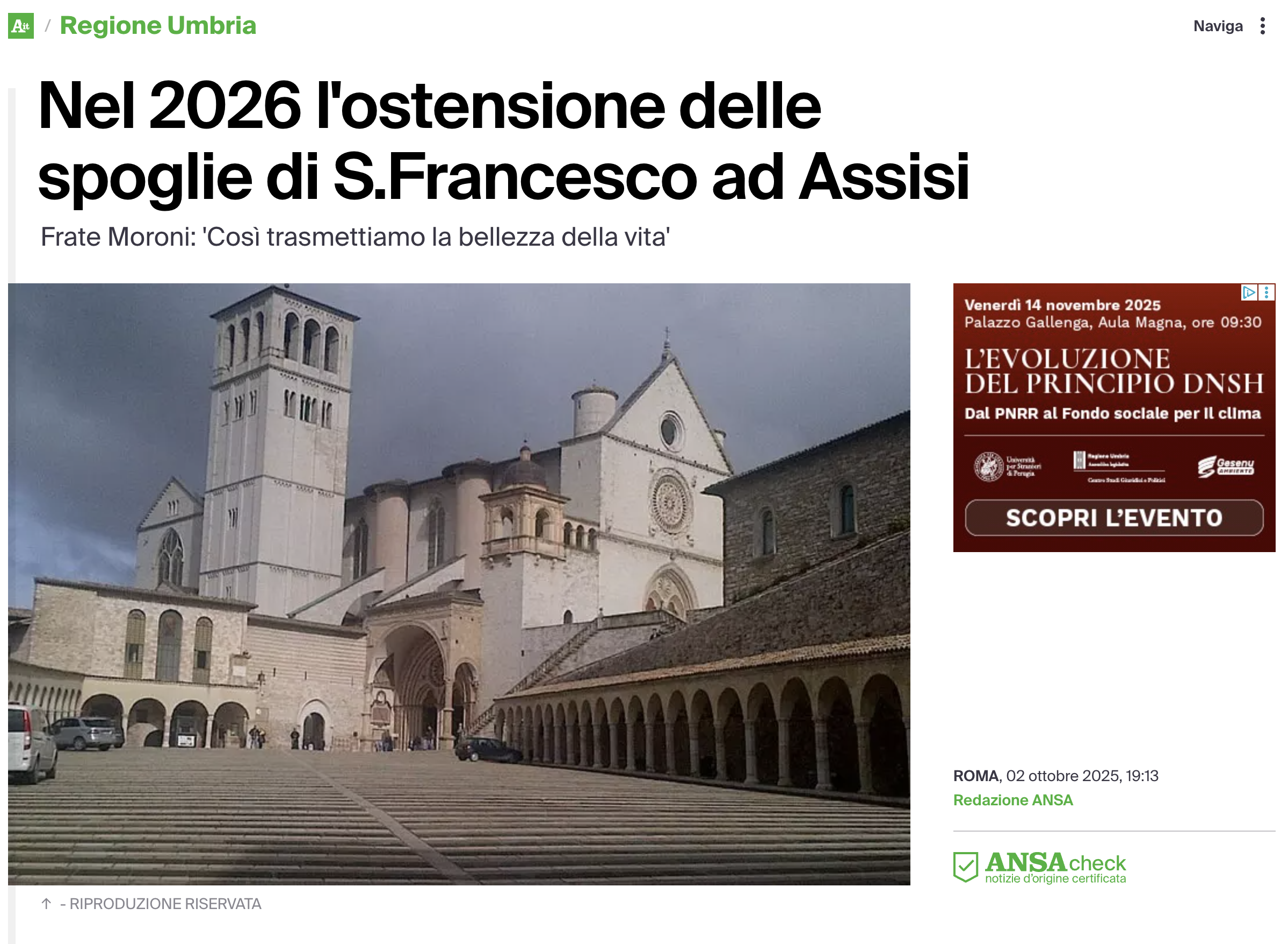 ANSA – Nel 2026 l’ostensione delle spoglie di S.Francesco ad Assisi