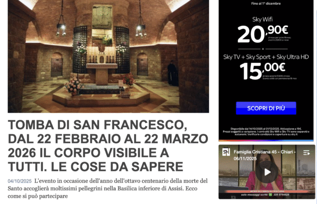 FAMIGLIA CRISTIANA – Tomba di san Francesco, dal 22 febbraio al 22 marzo 2026 il corpo visibile a tutti. Le cose da sapere