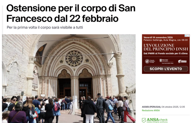 ANSA – Ostensione per il corpo di San Francesco dal 22 febbraio