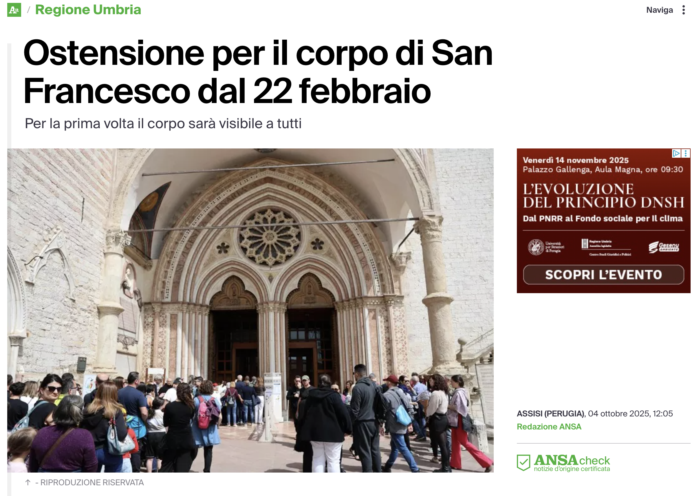 ANSA – Ostensione per il corpo di San Francesco dal 22 febbraio