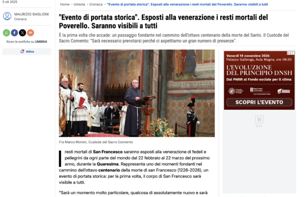 LA NAZIONE – “Evento di portata storica”. Esposti alla venerazione i resti mortali del Poverello. Saranno visibili a tutti