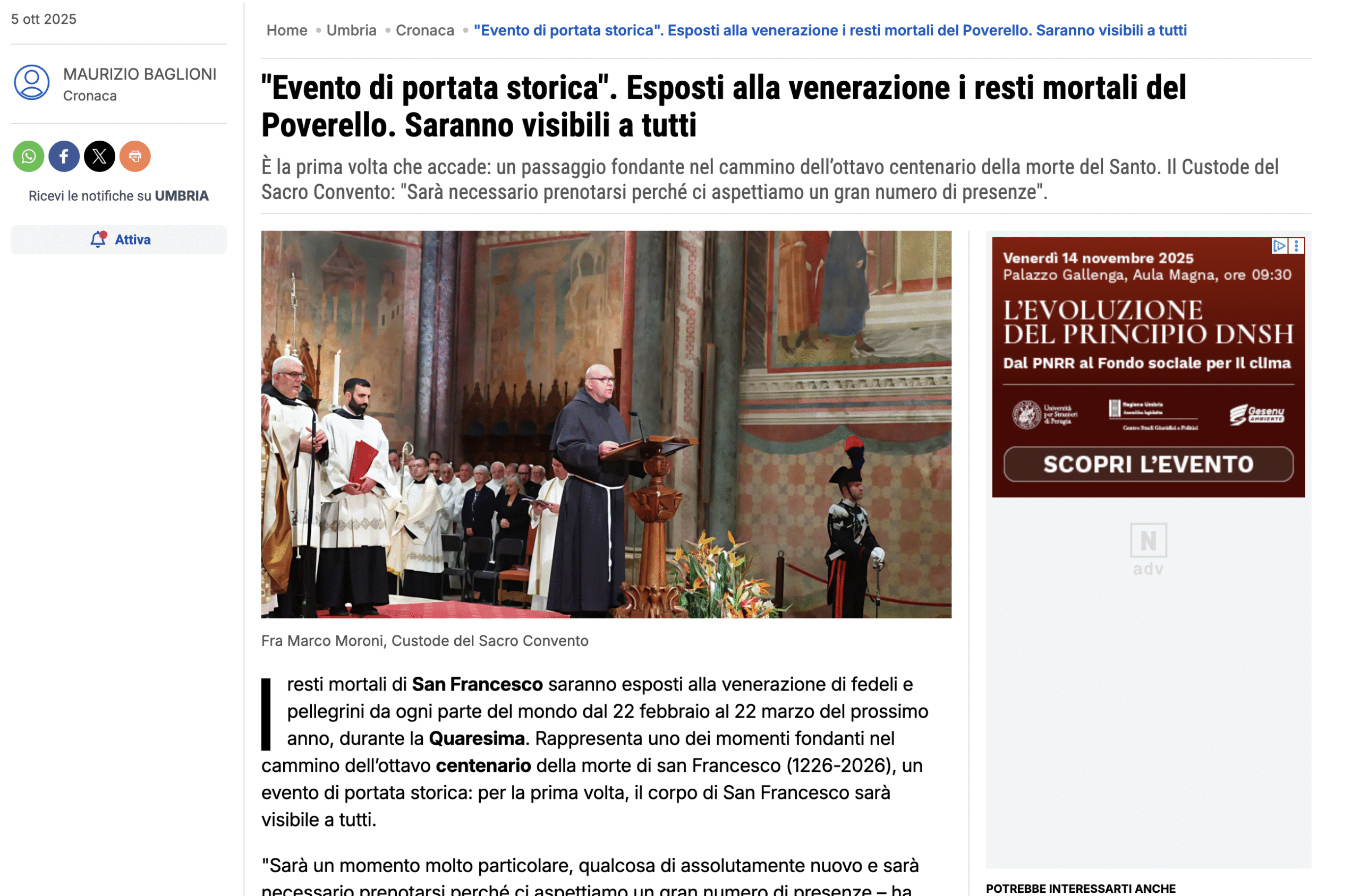 LA NAZIONE – “Evento di portata storica”. Esposti alla venerazione i resti mortali del Poverello. Saranno visibili a tutti