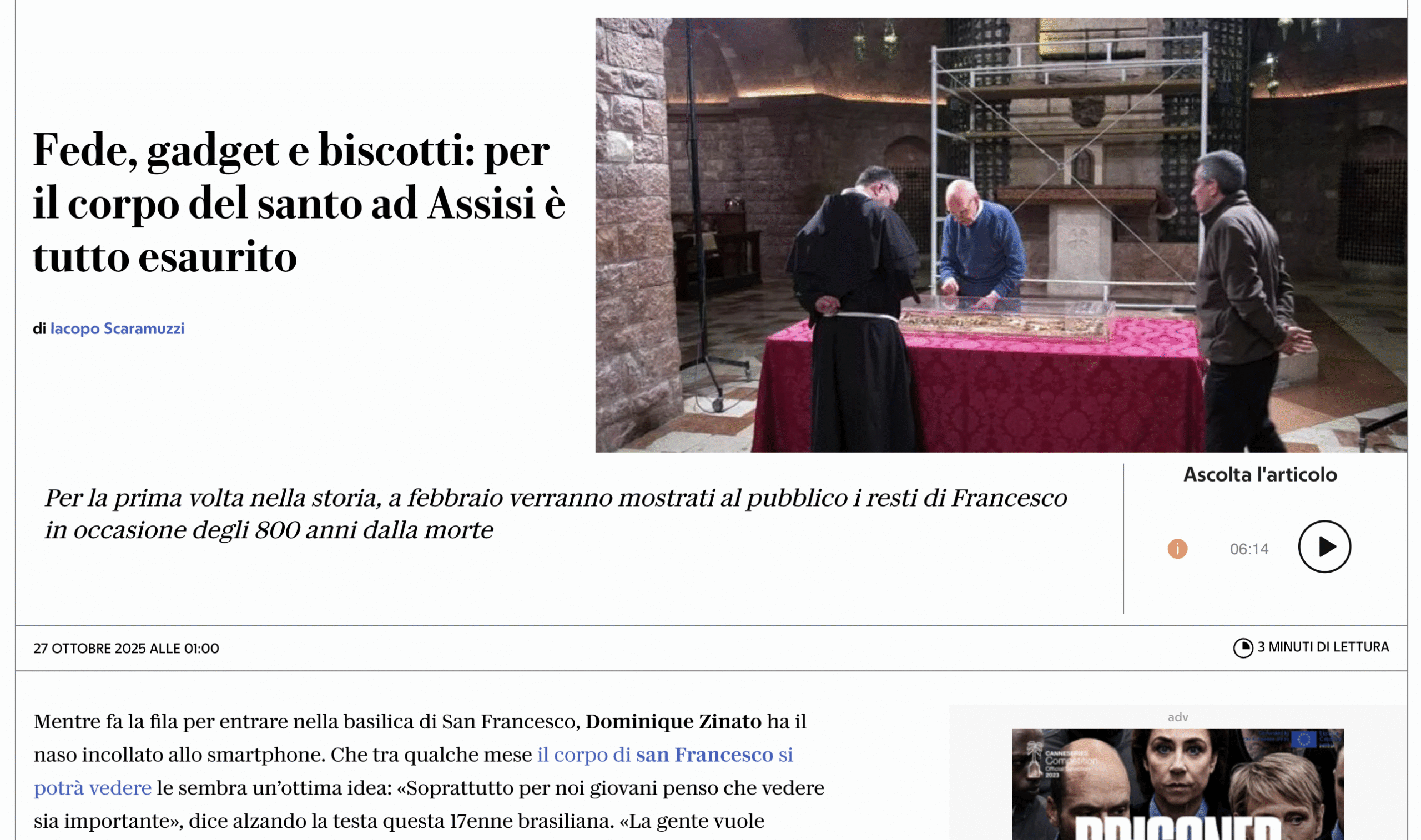 LA REPUBBLICA – Fede, gadget e biscotti: per il corpo del santo ad Assisi è tutto esaurito