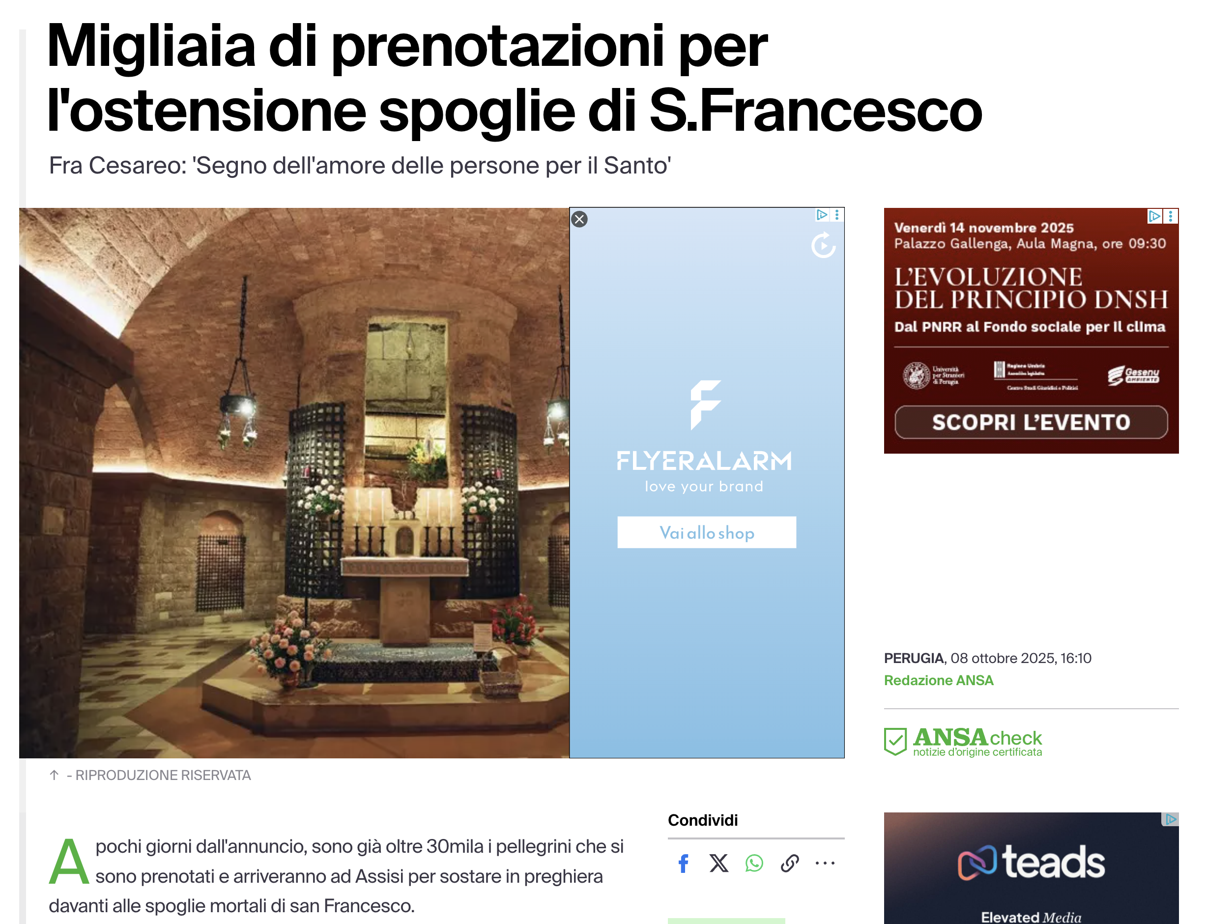 ANSA – Migliaia di prenotazioni per l’ostensione spoglie di S.Francesco