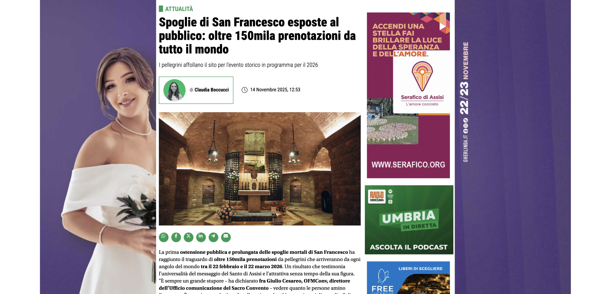 CORRIERE DELL’UMBRIA – Spoglie di San Francesco esposte al pubblico: oltre 150mila prenotazioni da tutto il mondo