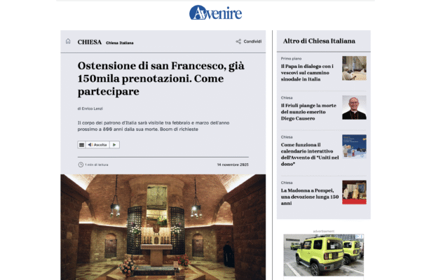 AVVENIRE – Ostensione di san Francesco, già 150mila prenotazioni. Come partecipare