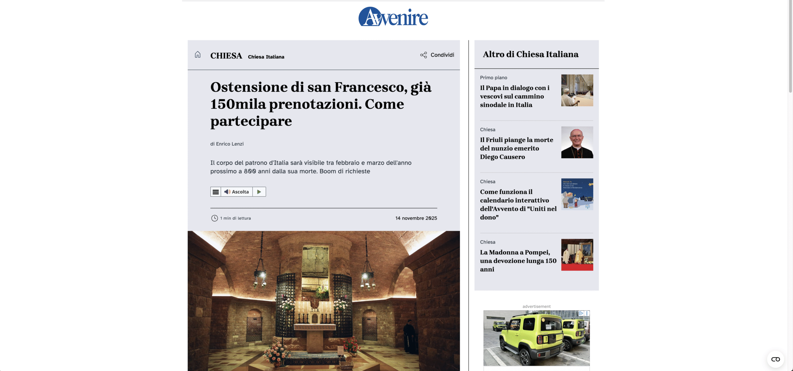 AVVENIRE – Ostensione di san Francesco, già 150mila prenotazioni. Come partecipare