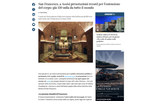 CORRIERE DELLA SERA – San Francesco, a Assisi prenotazioni record per l’ostensione del corpo: già 150 mila da tutto il mondo