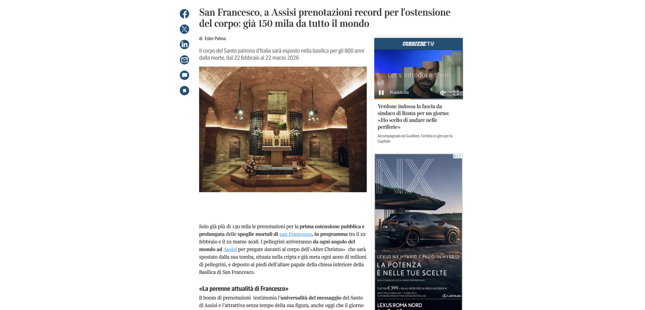 CORRIERE DELLA SERA – San Francesco, a Assisi prenotazioni record per l’ostensione del corpo: già 150 mila da tutto il mondo