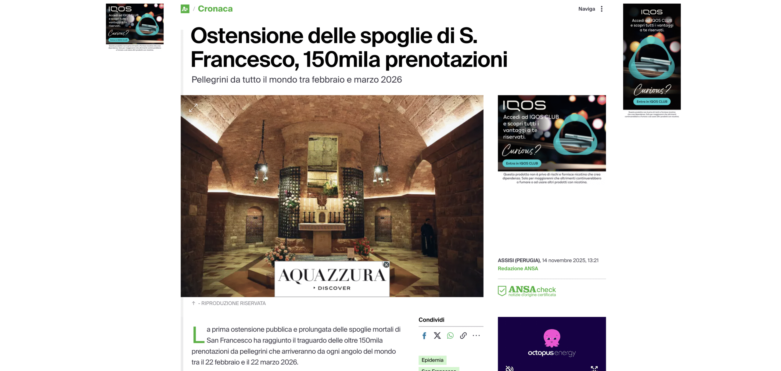 ANSA – Ostensione delle spoglie di S. Francesco, 150mila prenotazioni